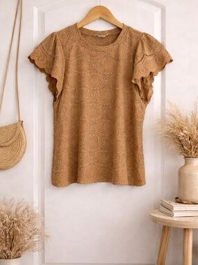 Urban Romantics Eyelet Lace Top Camel Ruffle Sleeve Boho Size S